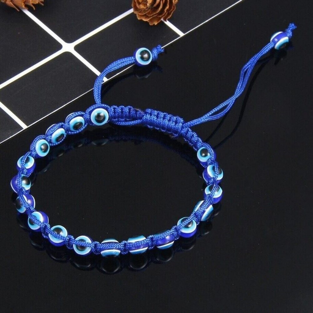 Blue Beaded 'Evil Eye' Adjustable Bangle Cuff Bracelet • Anklets